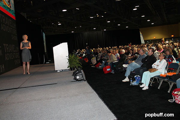Samantha Brown on stage at Los Angeles Travel and Adventure Show
