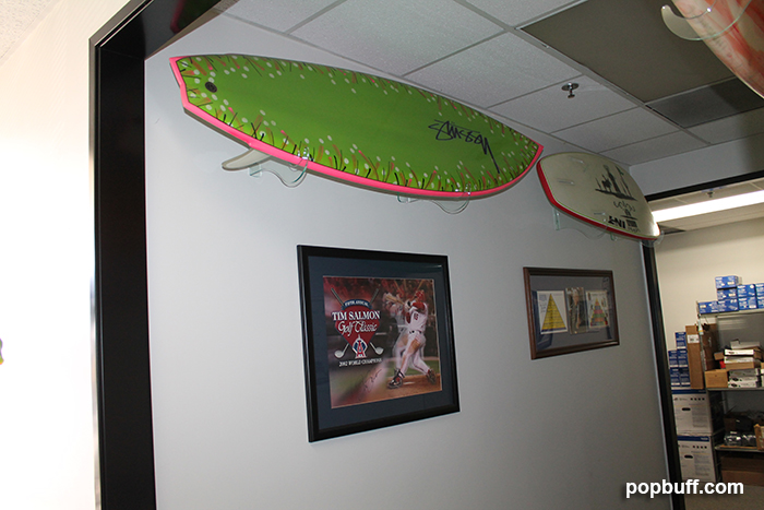 Surfboards on wall display at Wahoo's headquarters