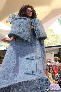 Designed by Brad Elsberry. The opera cape is made out of Ultra Touch 100% post consumer, recycled, denim building insulation.It is safe and sound and very friendly to the touch and the environment.