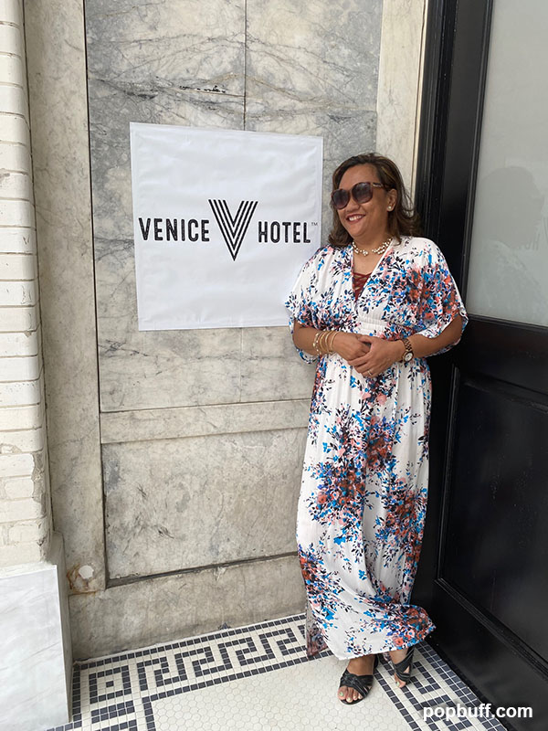 Ruchel Freibrun in front of the Venice V Hotel