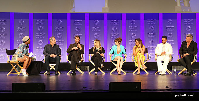From left:  Janine Rubenstein (Moderator), Darren Star ( Executive Producer), Lucas Bravo, Camille Zarat, Lily Collins, Ashley Park, Lucien Laviscount and Andrew Fleming (Screenwriter)