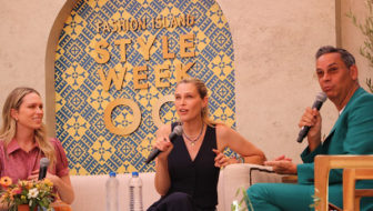 Erin and Sara Foster with moderator James Aguiar at StyleWeekOC 2022