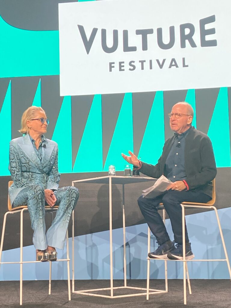 Sharon Stone and art critic Jerry Saltz on stage during the Vulture Festival 2023 (Nov) in Los Angeles. - Popbuff.com