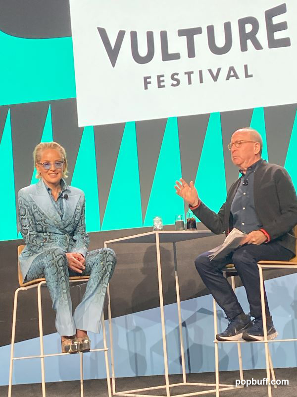 Sharon Stone and art critic Jerry Saltz on stage during the Vulture Festival 2023 (Nov) in Los Angeles. - Popbuff.com