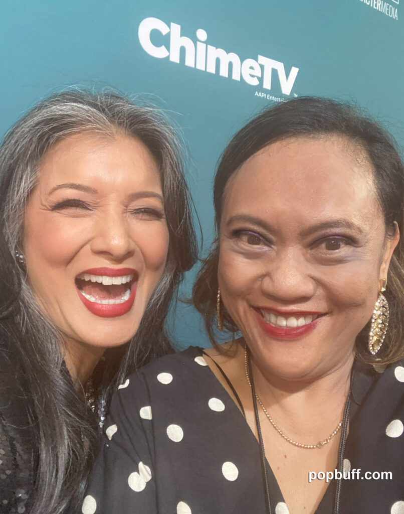 Kelly Hu (L) actor, Miss Teen USA 1985 and Ruchel Freibrun (R), Popbuff blogger at the 2023 Unforgettable Gala in Beverly Hilton