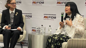 Dennita Sewell, Director of the ASU FIDM Museum in Los Angeles, interviews Anna Sui during the promo of her new book, "The Nineties" on April 9, 2026 - Popbuff.com